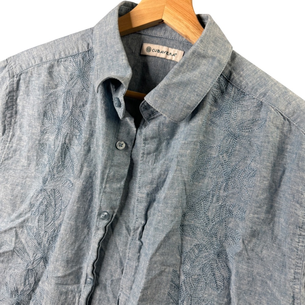 Cubavera Mens Medium Blue Linen Cotton‎ Blend Short Sleeve Button Front Shirt